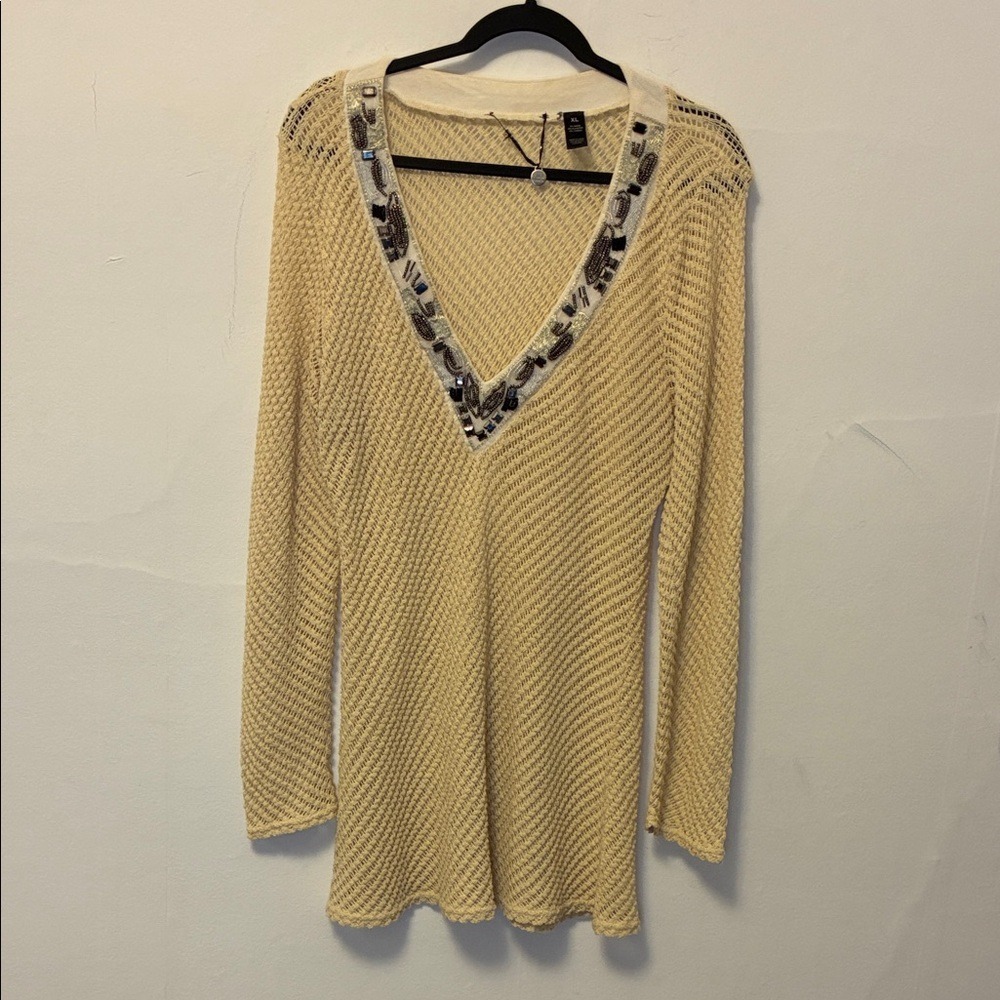 EUC BKE Cream Open-Knit Crochet V-Neck Sweater Dress/Tunic  XL